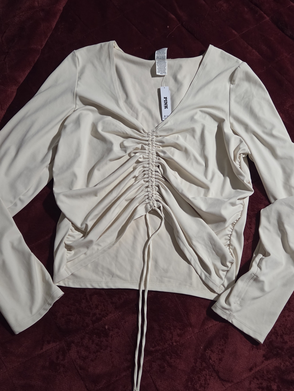PINK Victoria's Secret Cream Relay Ruched Long Sleeve Top